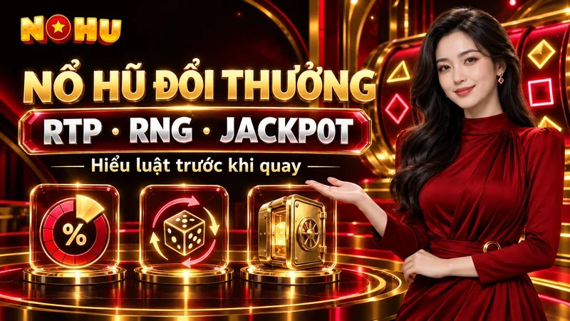 Người mẫu nữ mặc váy đỏ cạnh biểu tượng tỷ lệ phần trăm, xúc xắc và két jackpot, với chữ RTP · RNG · JACKPOT trên nền đen, đỏ và vàng.
